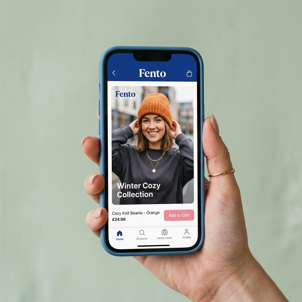 Hand holding iPhone showing Fento fashion app